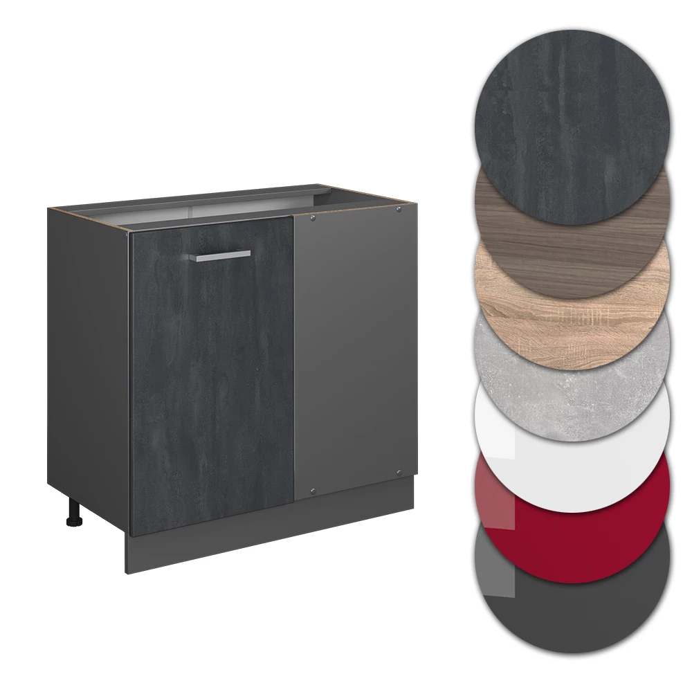Nahaufnahme von Eckunterschrank in Schwarz Beton, zeigt Design- und Oberflächendetails