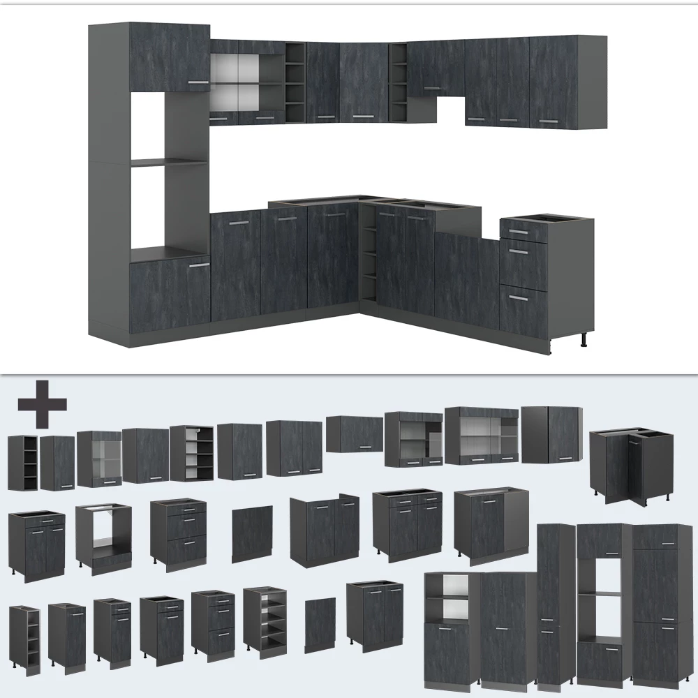 Nahaufnahme von Eckküche in Schwarz Beton/Anthrazit, zeigt Design- und Oberflächendetails