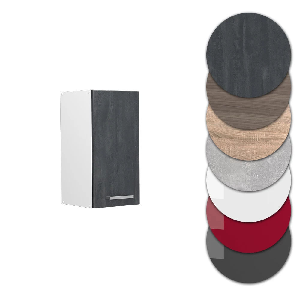 Nahaufnahme von Hängeschrank in Schwarz Beton, zeigt Design- und Oberflächendetails