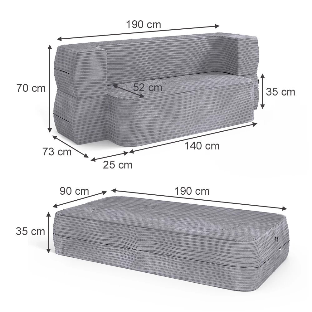 Sofa in Grau auf weißem Hintergrund mit sichtbaren Maßen