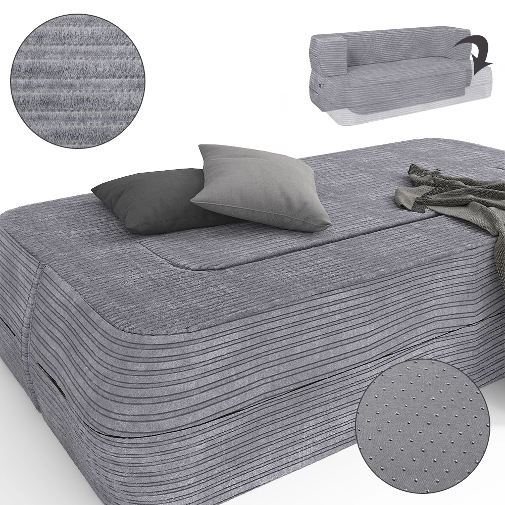 Nahaufnahme von Sofa in Grau, zeigt Design- und Oberflächendetails