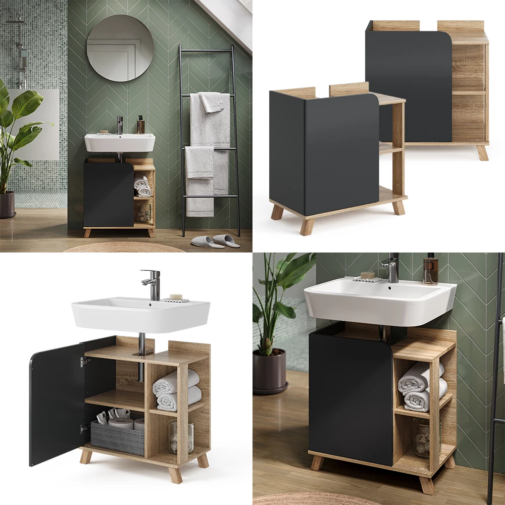 Vicco Mobiletto per lavabo Antracite 60 x 65 cm con porta e vani aperti, Karen