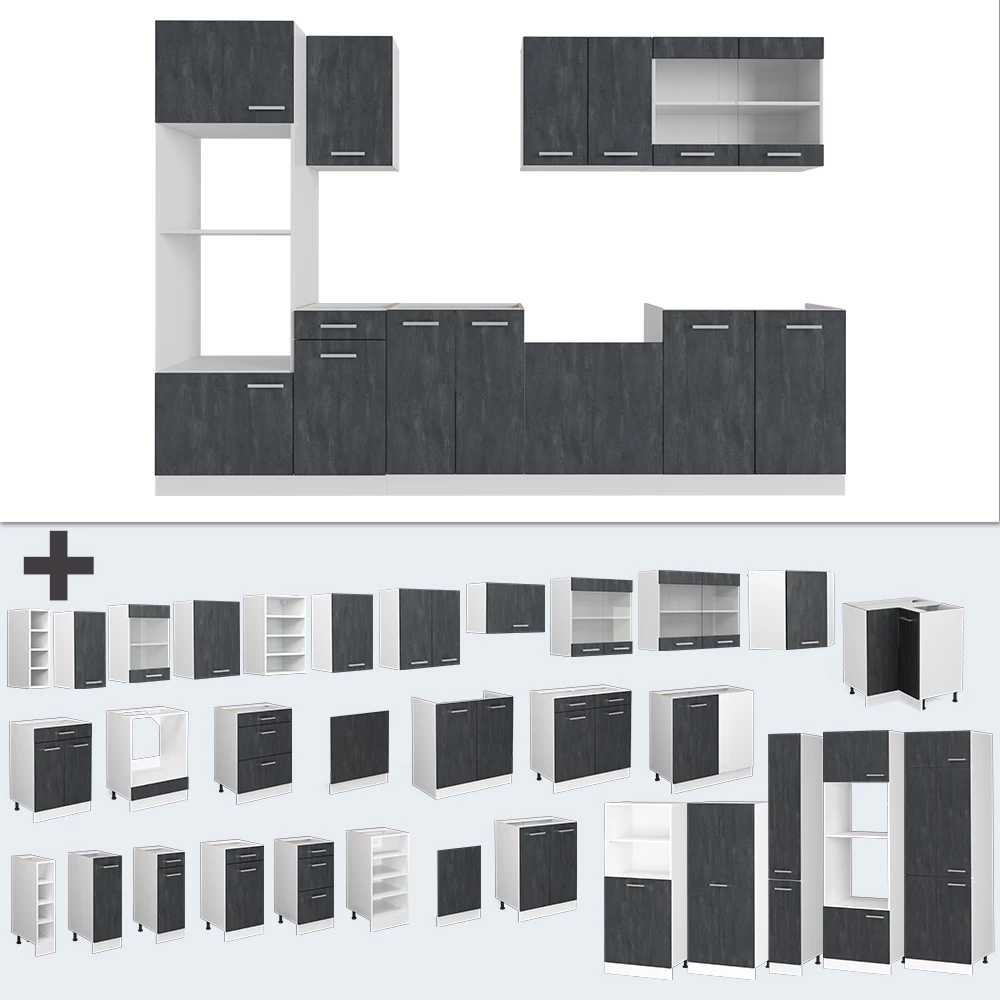 Vicco Komplettküche Schwarz Beton/Weiß 300 cm ohne Arbeitsplatte, R-Line