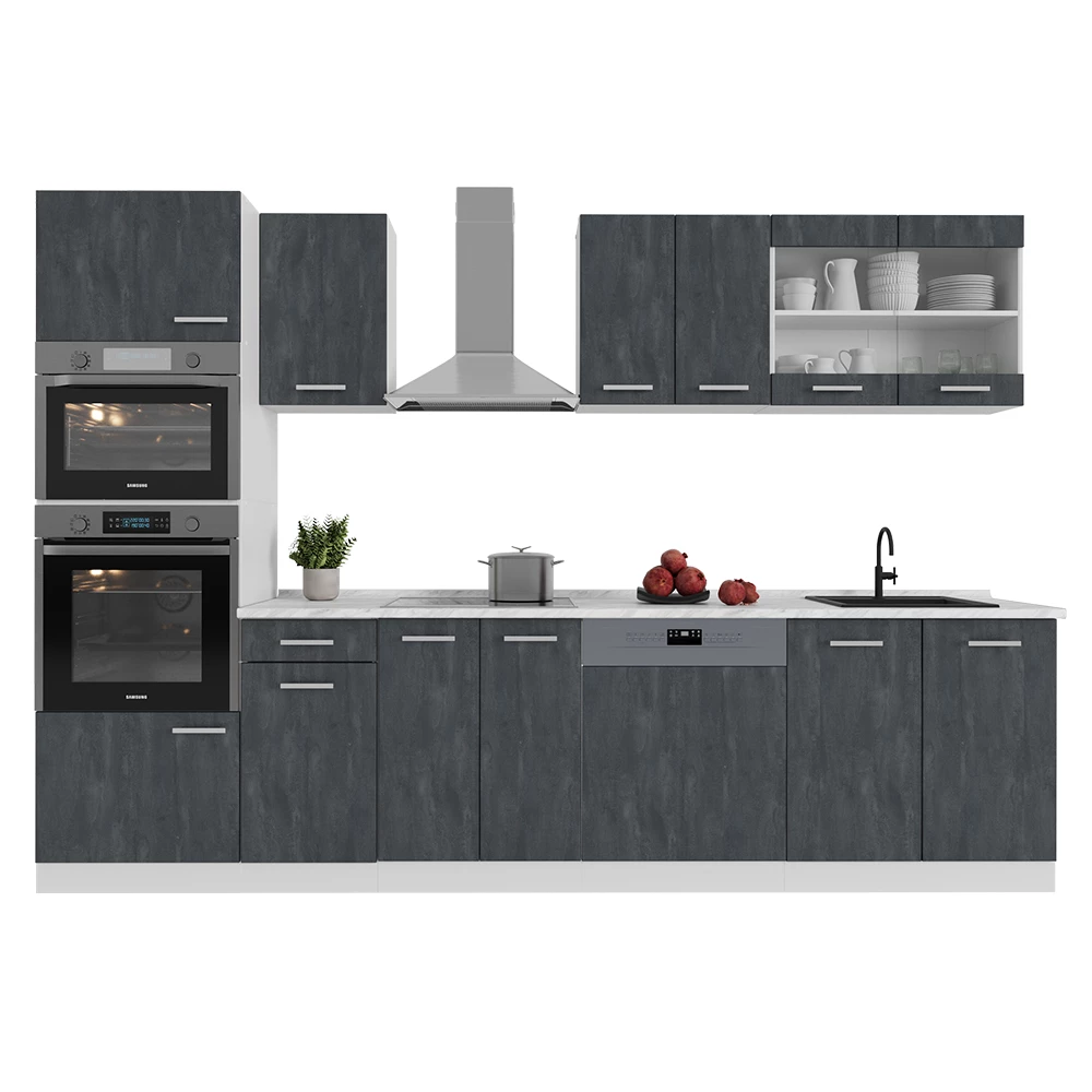 Vicco Komplettküche Schwarz Beton/Weiß 300 cm ohne Arbeitsplatte, R-Line