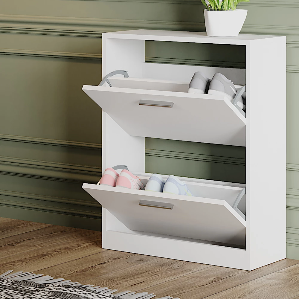 Nahaufnahme von Schuhschrank in Weiß, zeigt Textur/Details