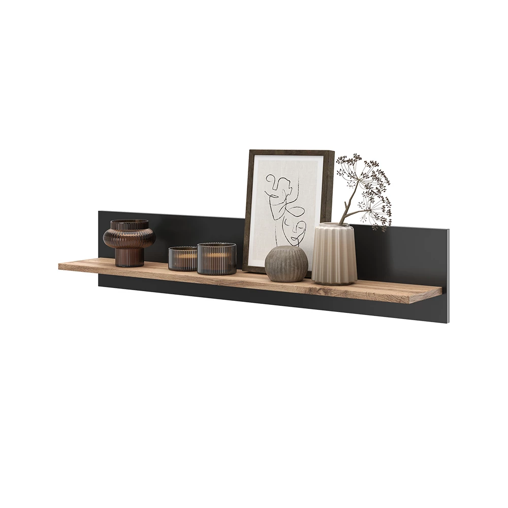 Wandplank in Eiken Wotan op een witte achtergrond met decoratieve elementen