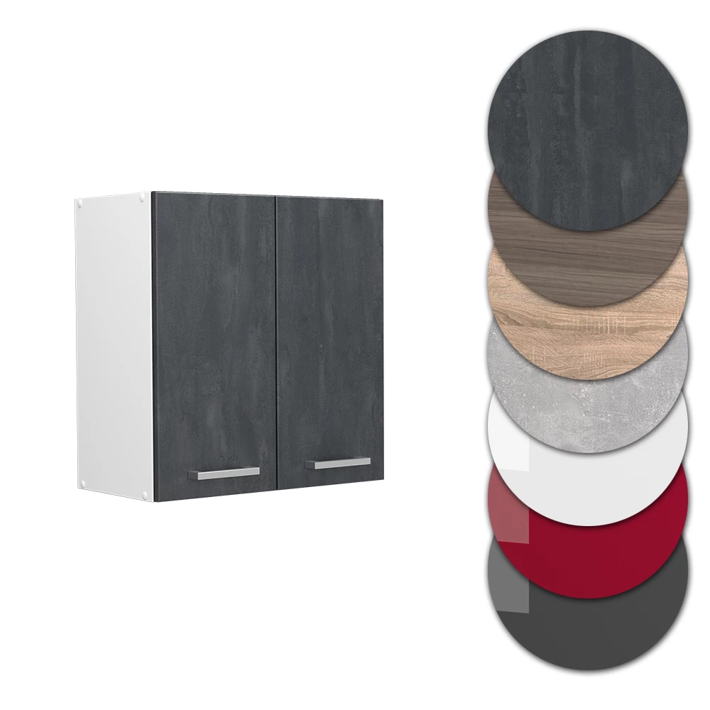 Nahaufnahme von Hängeschrank in Schwarz Beton, zeigt Design- und Oberflächendetails