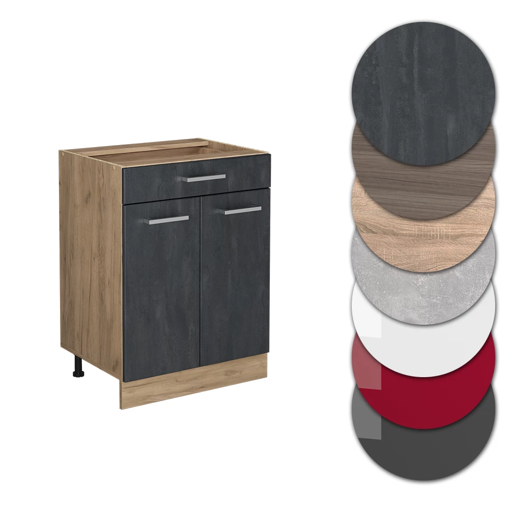 Nahaufnahme von Küchenunterschrank in Schwarz Beton, zeigt Design- und Oberflächendetails
