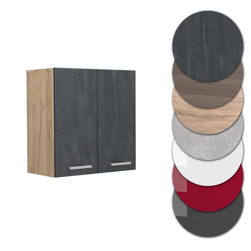 Nahaufnahme von Hängeschrank in Schwarz Beton, zeigt Design- und Oberflächendetails
