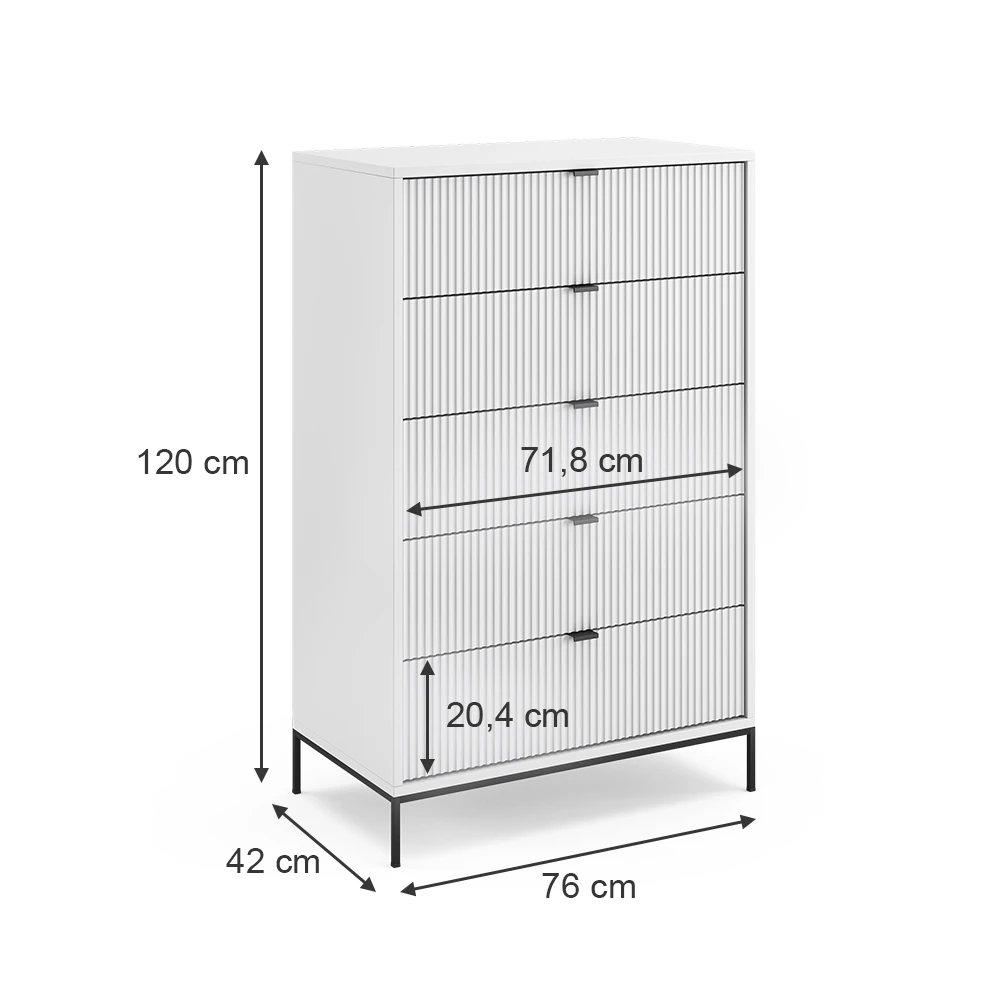 Kommode  in Weiß auf weißem Hintergrund mit sichtbaren Maßen