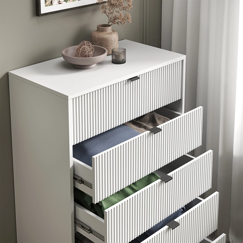 Nahaufnahme von Kommode  in Weiß, zeigt Textur/Details