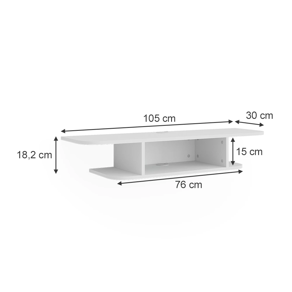 Tv-Schrank in Weiß auf weißem Hintergrund mit sichtbaren Maßen