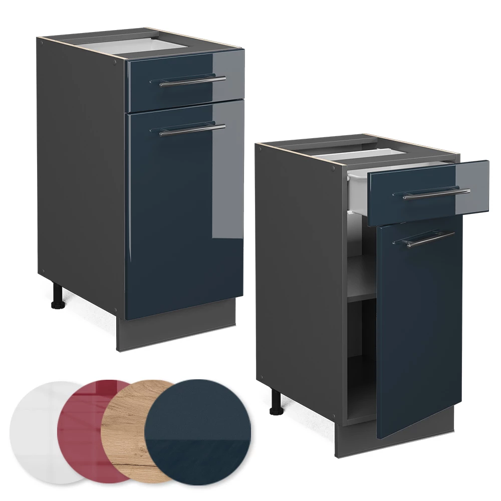 Nahaufnahme von Küchenunterschrank in Dunkelblau Hochglanz, zeigt Design- und Oberflächendetails