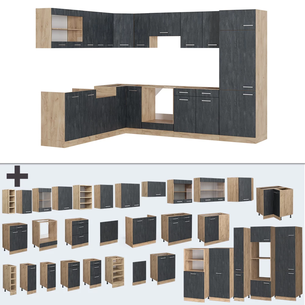 Nahaufnahme von Eckküche in Schwarz Beton/Goldkraft Eiche, zeigt Design- und Oberflächendetails