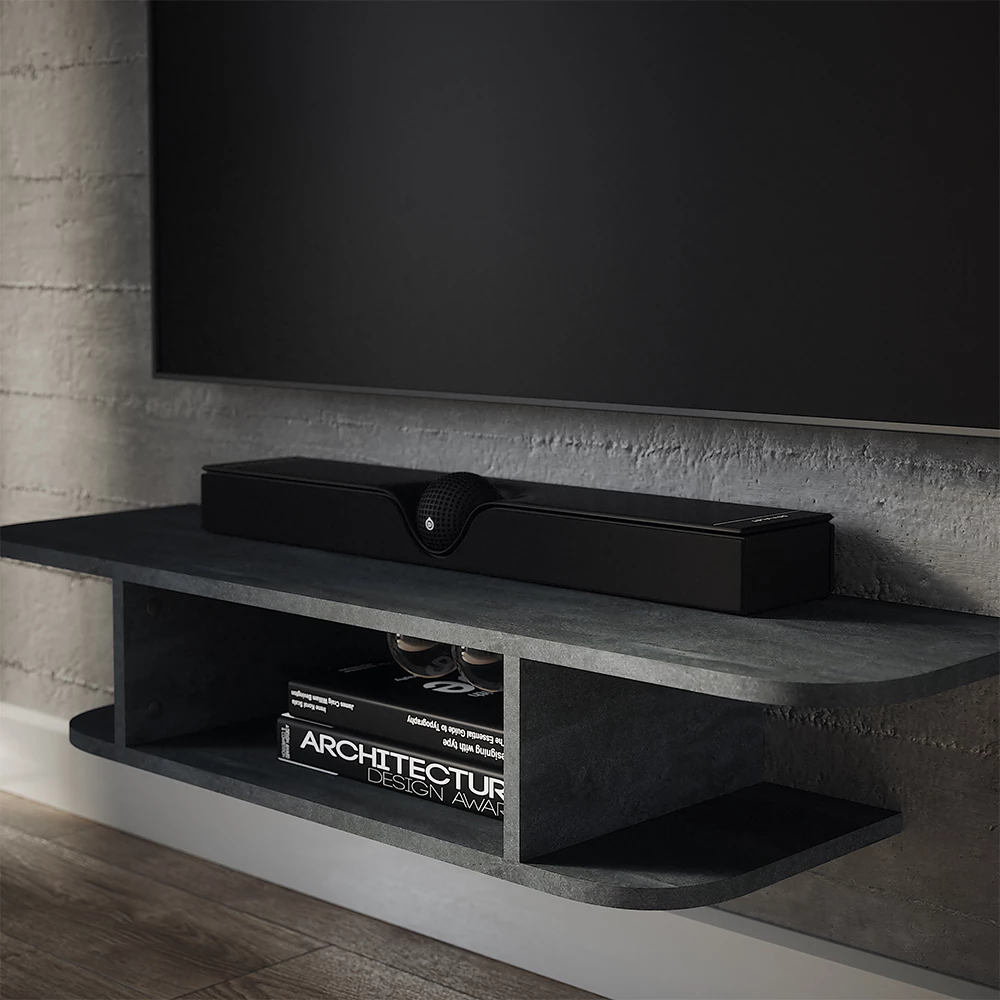 Nahaufnahme von Tv-Schrank in Schwarz Beton, zeigt Textur/Details