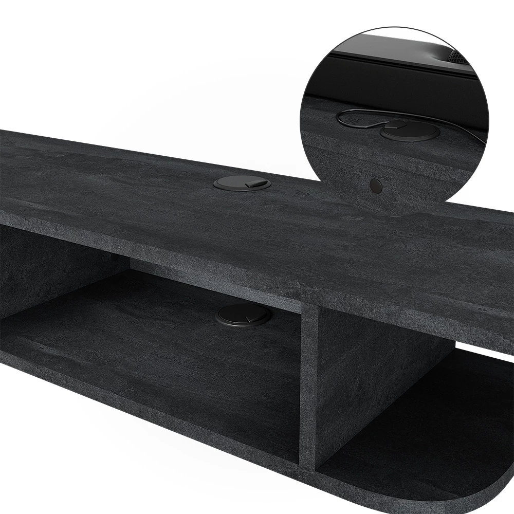 Nahaufnahme von Tv-Schrank in Schwarz Beton, zeigt Design- und Oberflächendetails