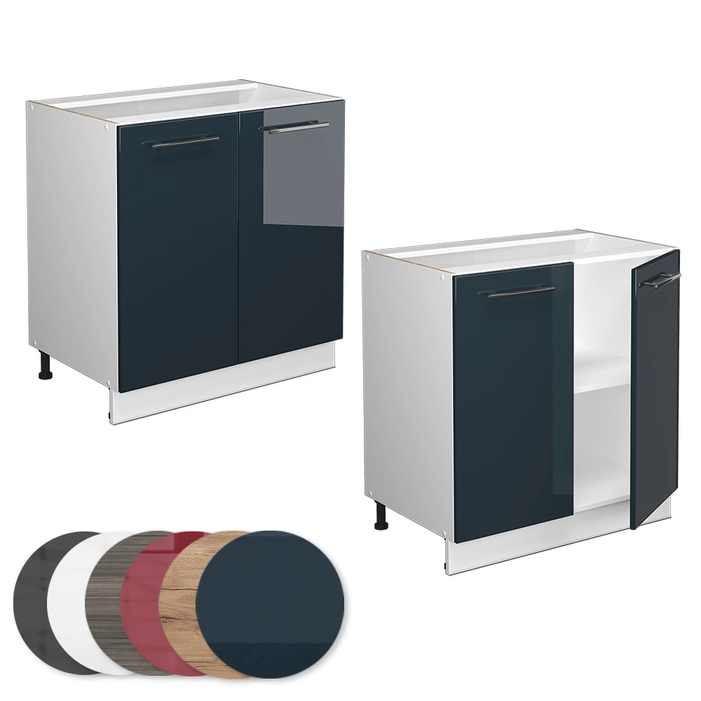 Nahaufnahme von Spülenunterschrank in Dunkelblau Hochglanz, zeigt Design- und Oberflächendetails