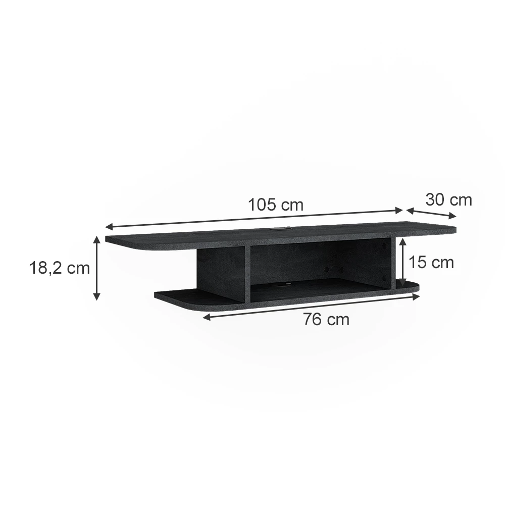 Tv-Schrank in Schwarz Beton auf weißem Hintergrund mit sichtbaren Maßen