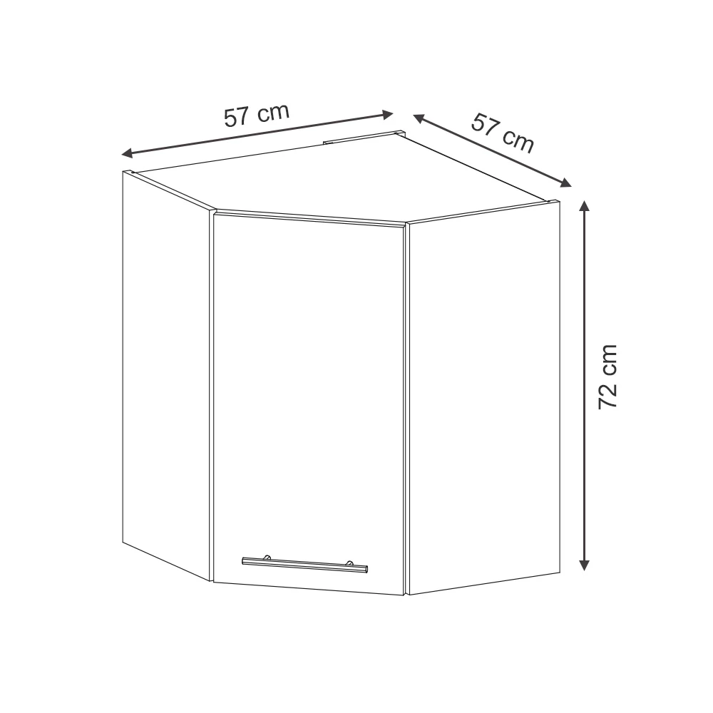 Hoek hangkast in Donkerblauw hoogglans on white background with visible dimensions