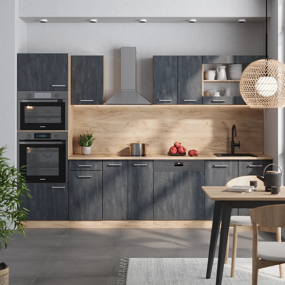 Küchenzeile in Schwarz Beton/Goldkraft Eiche, dargestellt im Ambiente mit Dekoration