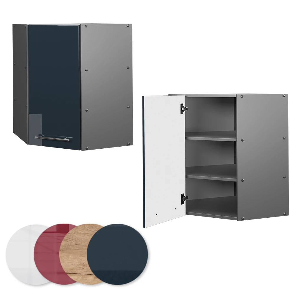 Nahaufnahme von Eckhängeschrank in Dunkelblau Hochglanz, zeigt Textur/Details