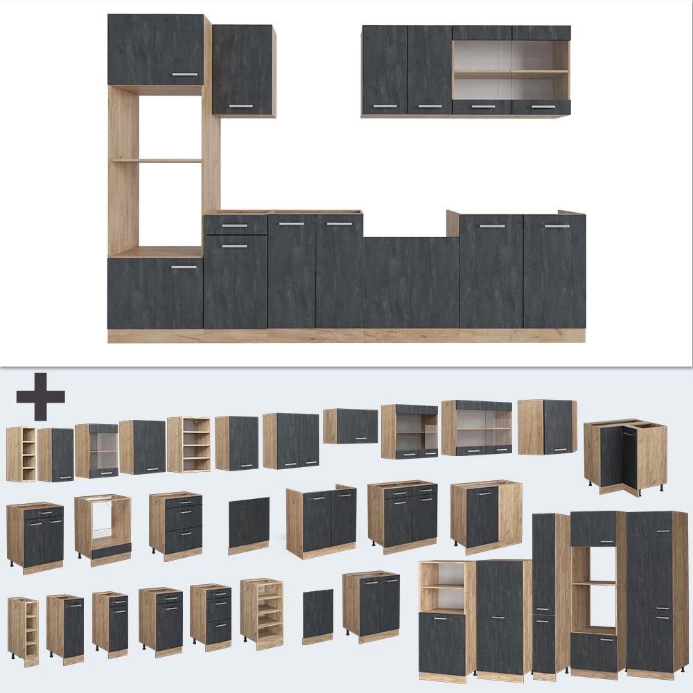 Nahaufnahme von Küchenzeile in Schwarz Beton/Goldkraft Eiche, zeigt Design- und Oberflächendetails