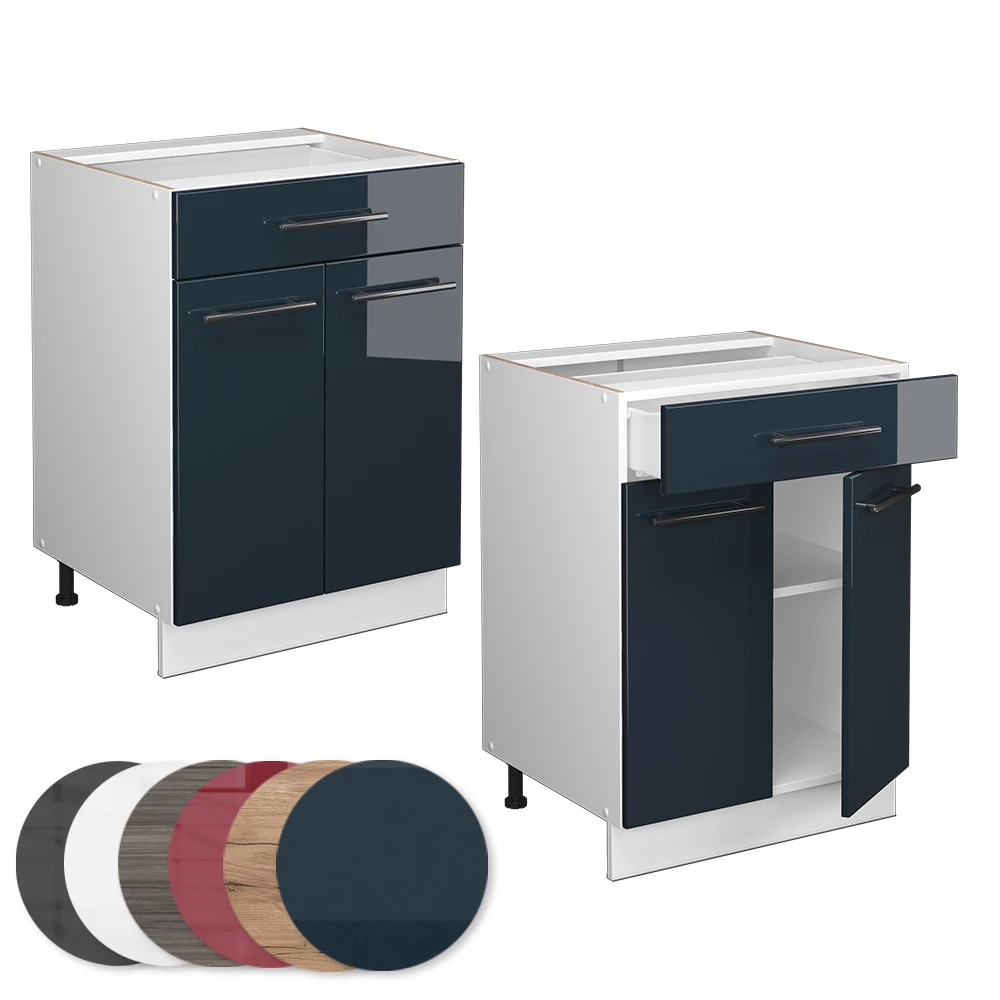 Nahaufnahme von Küchenunterschrank in Dunkelblau Hochglanz, zeigt Design- und Oberflächendetails
