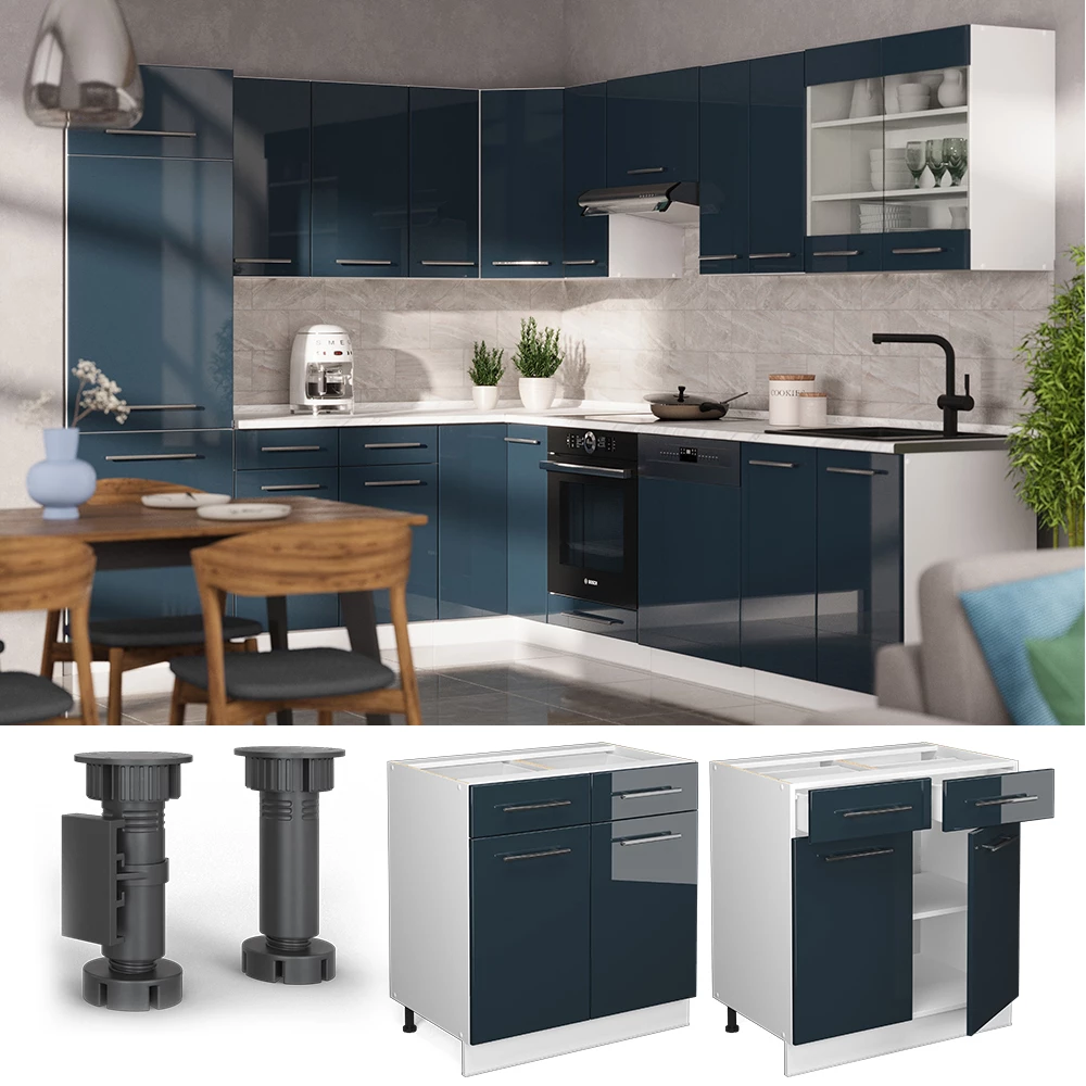 Vicco Kuhinjske omarice Temno modra z visokim sijajem 80 cm , DP Marmor, Fame-Line