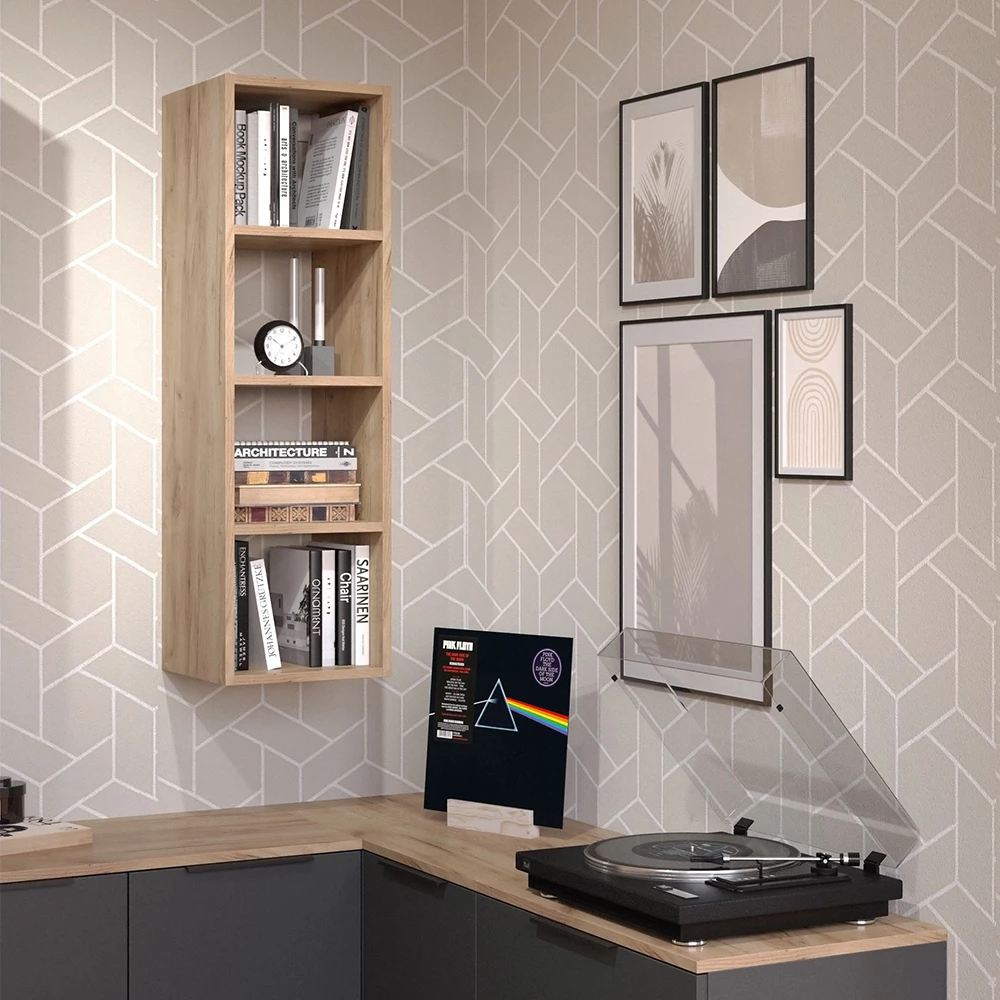 Wandregal in Anthrazit, dargestellt im Ambiente mit Dekoration