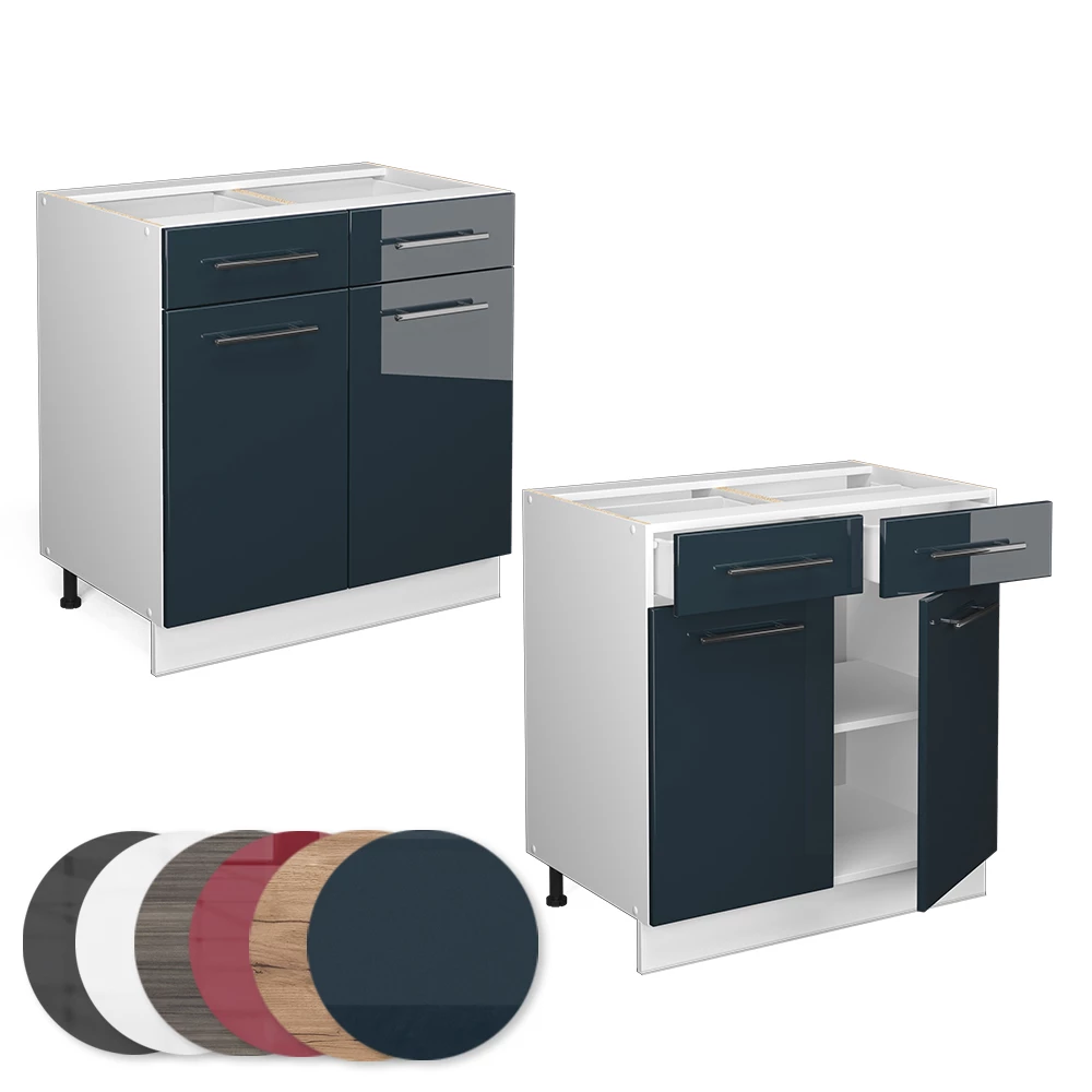 Nahaufnahme von Küchenunterschrank in Dunkelblau Hochglanz, zeigt Design- und Oberflächendetails