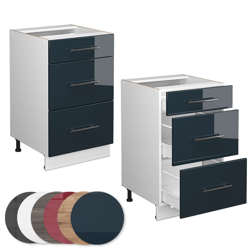 Nahaufnahme von Schubladenunterschrank in Dunkelblau Hochglanz, zeigt Design- und Oberflächendetails