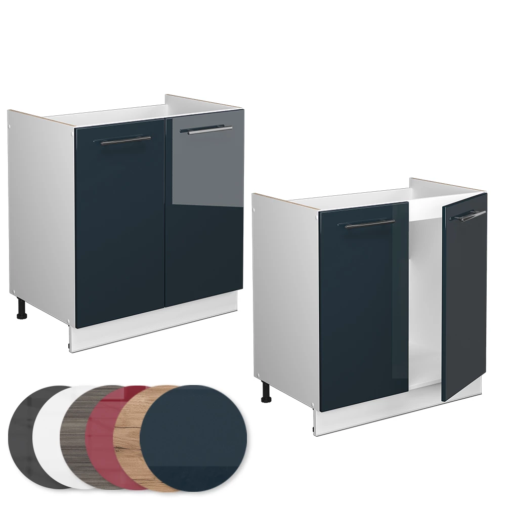 Nahaufnahme von Spülenunterschrank in Dunkelblau Hochglanz, zeigt Design- und Oberflächendetails