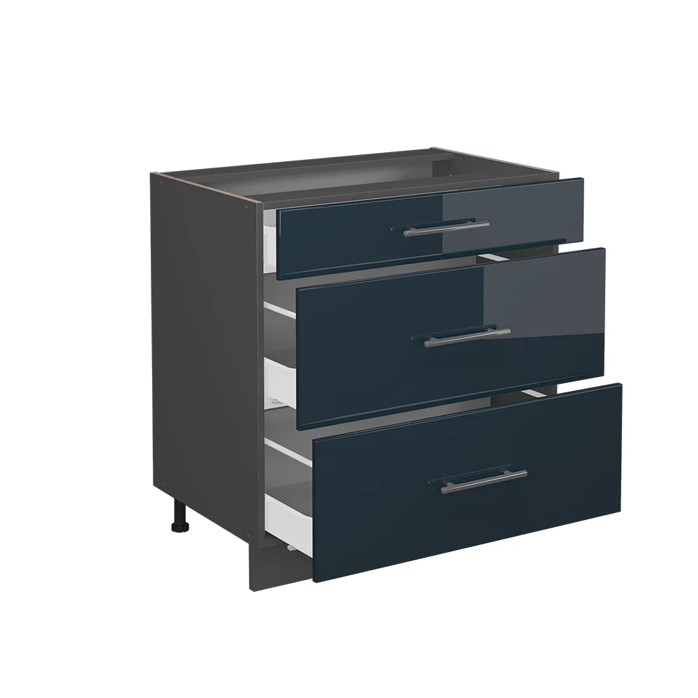 Vicco Schubunterschrank Dunkelblau Hochglanz 80 cm mit 3 Schubladen, ohne Arbeitsplatte, Fame-Line