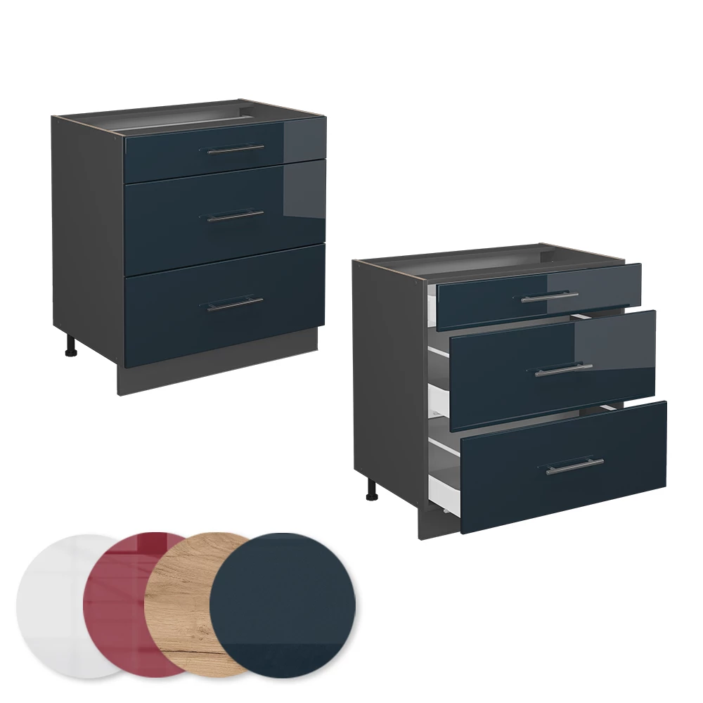 Nahaufnahme von Küchenunterschrank in Dunkelblau Hochglanz, zeigt Design- und Oberflächendetails