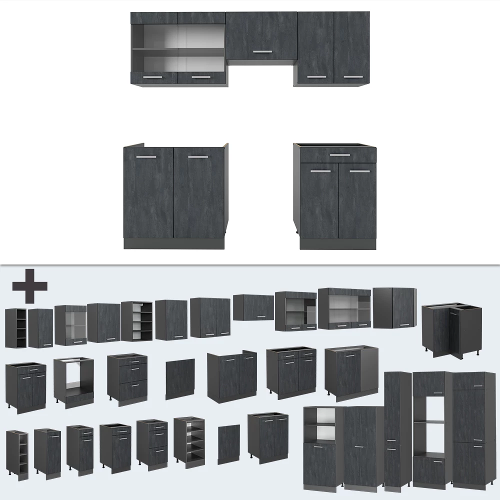 Nahaufnahme von Küchenzeile in Schwarz Beton/Anthrazit, zeigt Design- und Oberflächendetails