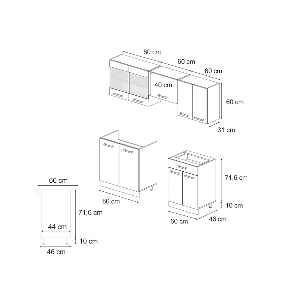 Keukenblok in Zwart beton/wit on white background with visible dimensions
