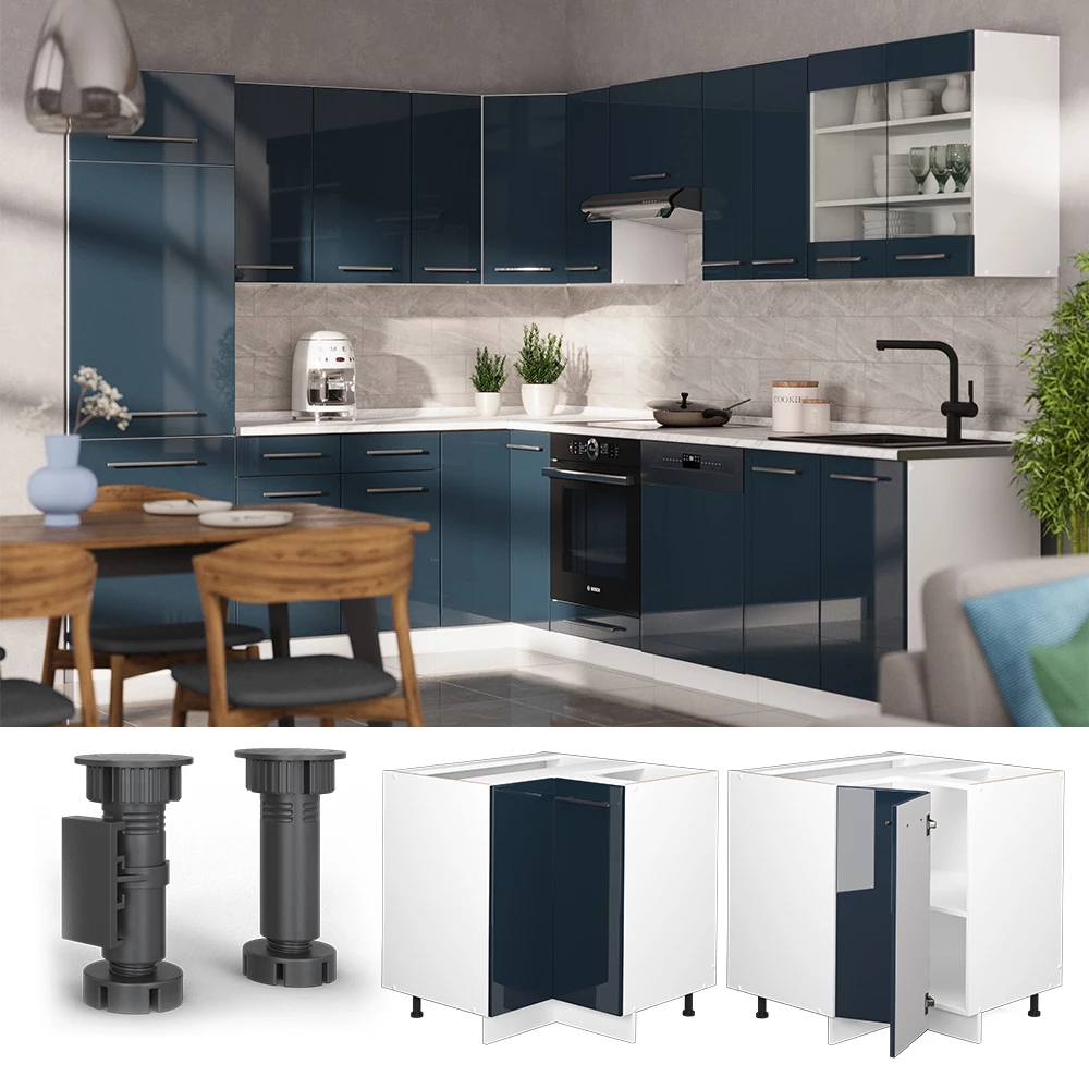 Eckunterschrank in Dunkelblau Hochglanz, dargestellt im Ambiente mit Dekoration