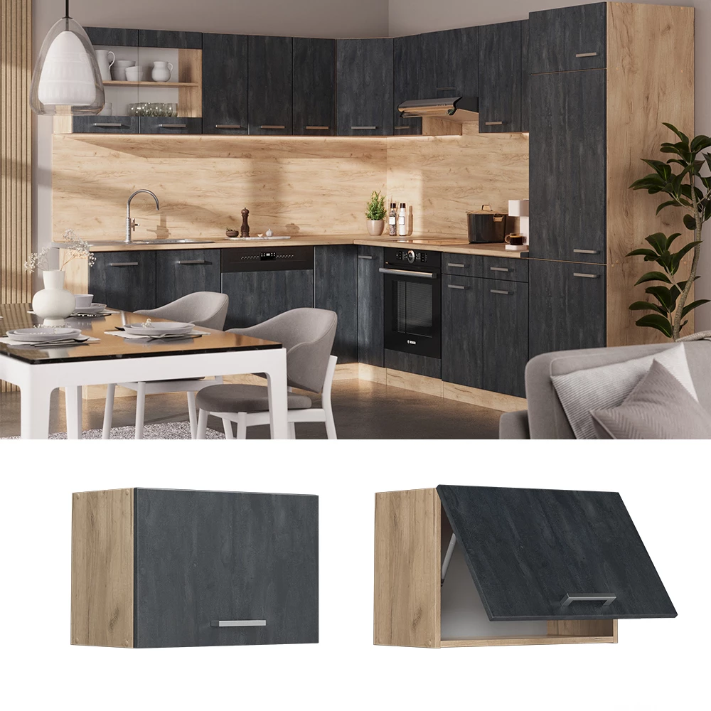 Hängeschrank in Schwarz Beton, dargestellt im Ambiente und auf weißem Hintergrund