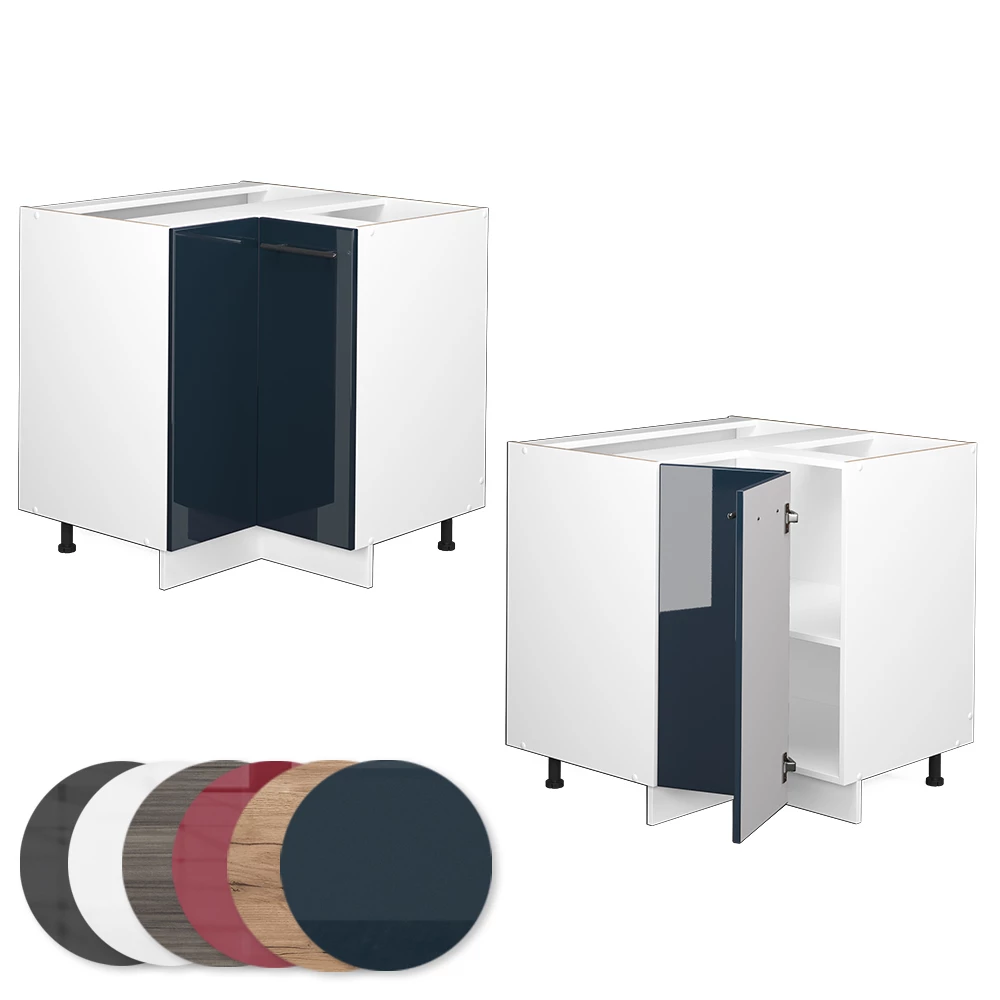 Nahaufnahme von Eckunterschrank in Dunkelblau Hochglanz, zeigt Design- und Oberflächendetails