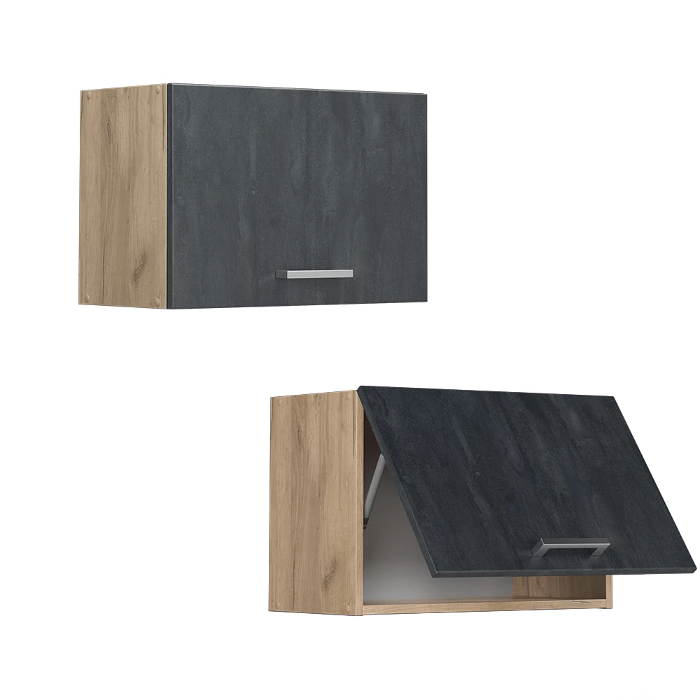 Nahaufnahme von Hängeschrank in Schwarz Beton, zeigt Textur/Details