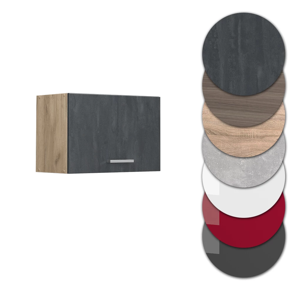 Nahaufnahme von Hängeschrank in Schwarz Beton, zeigt Design- und Oberflächendetails