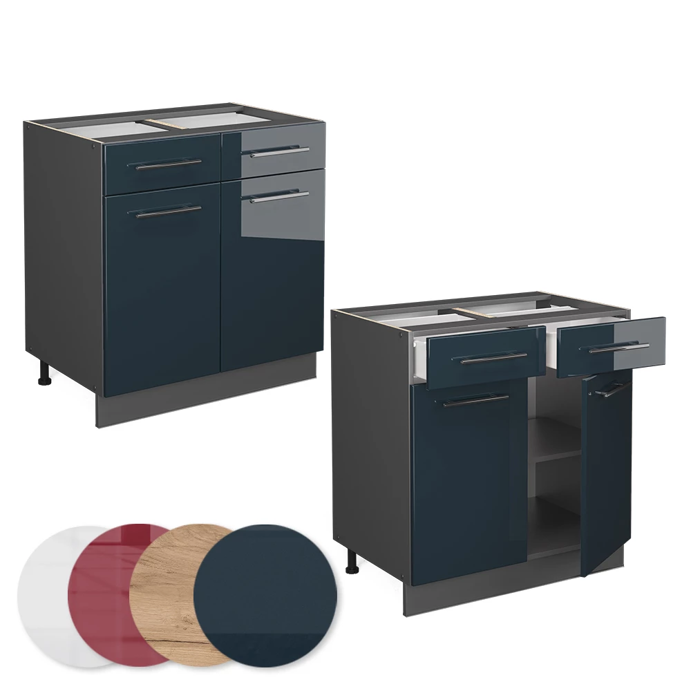 Nahaufnahme von Küchenunterschrank in Dunkelblau Hochglanz, zeigt Design- und Oberflächendetails