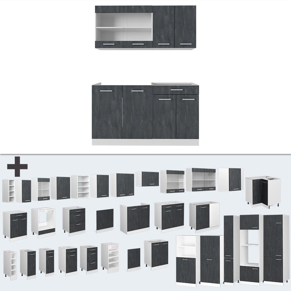 Nahaufnahme von Küchenzeile in Schwarz Beton/Weiß, zeigt Design- und Oberflächendetails