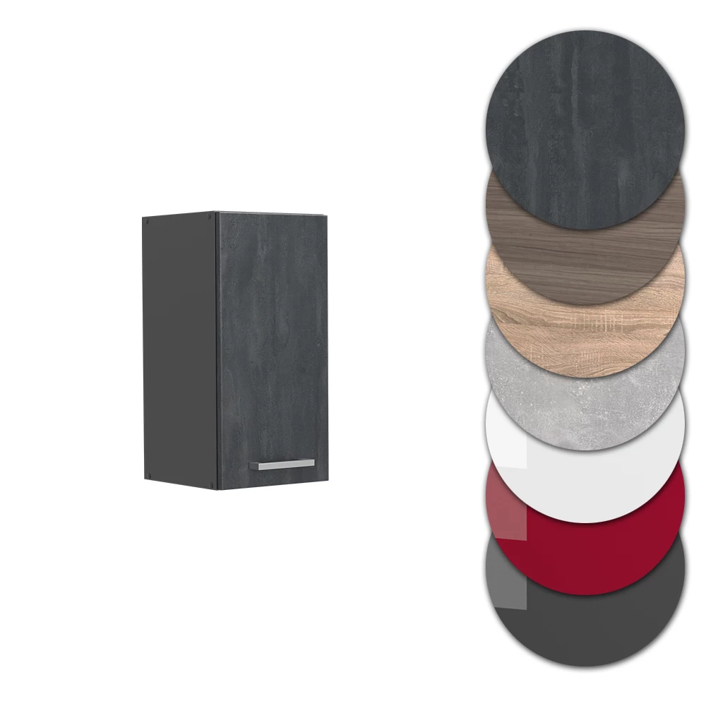Nahaufnahme von Hängeschrank in Schwarz Beton, zeigt Design- und Oberflächendetails