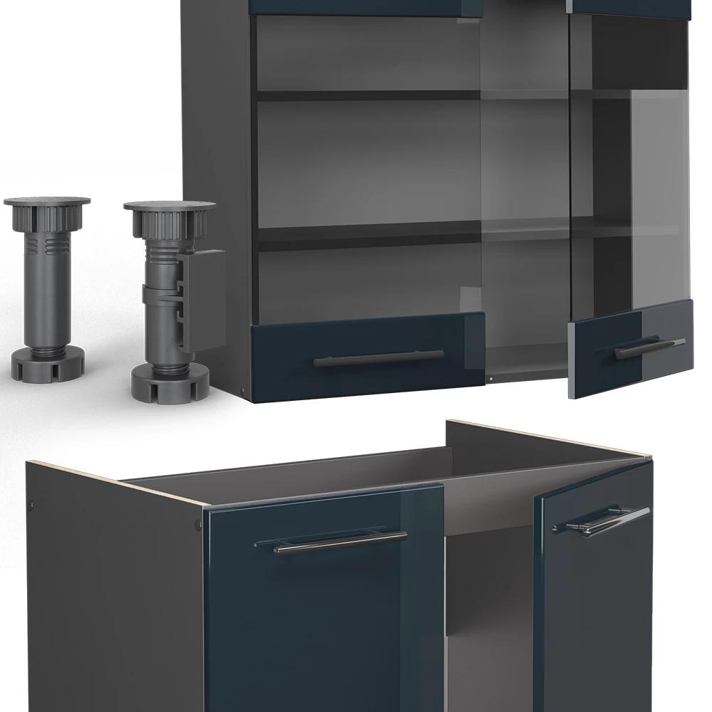 Vicco Küchenzeile Dunkelblau Hochglanz/Anthrazit 240 cm , AP Anthrazit, Fame-Line