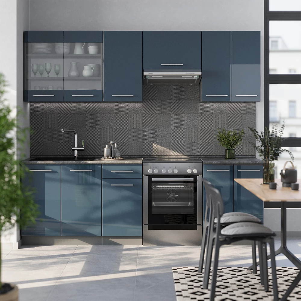 Vicco Kitchenette Albastru închis strălucitor/antracit 240cm, Fame-Line