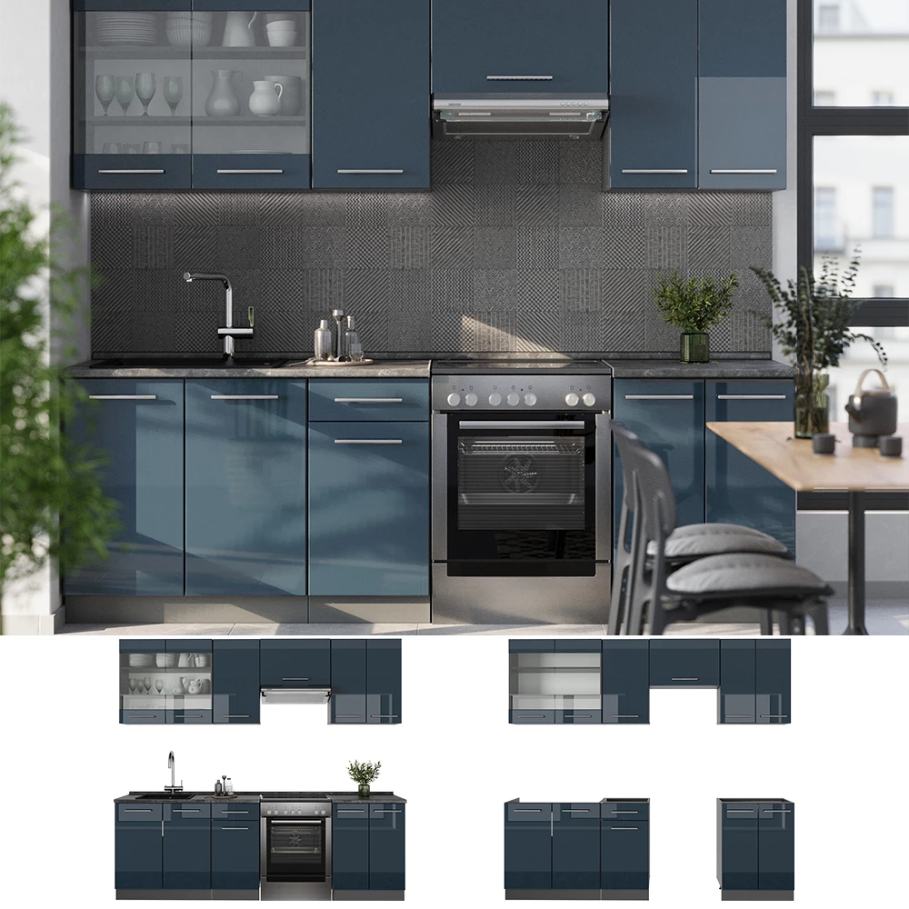Vicco Küchenzeile Dunkelblau Hochglanz/Anthrazit 240 cm , AP Anthrazit, Fame-Line