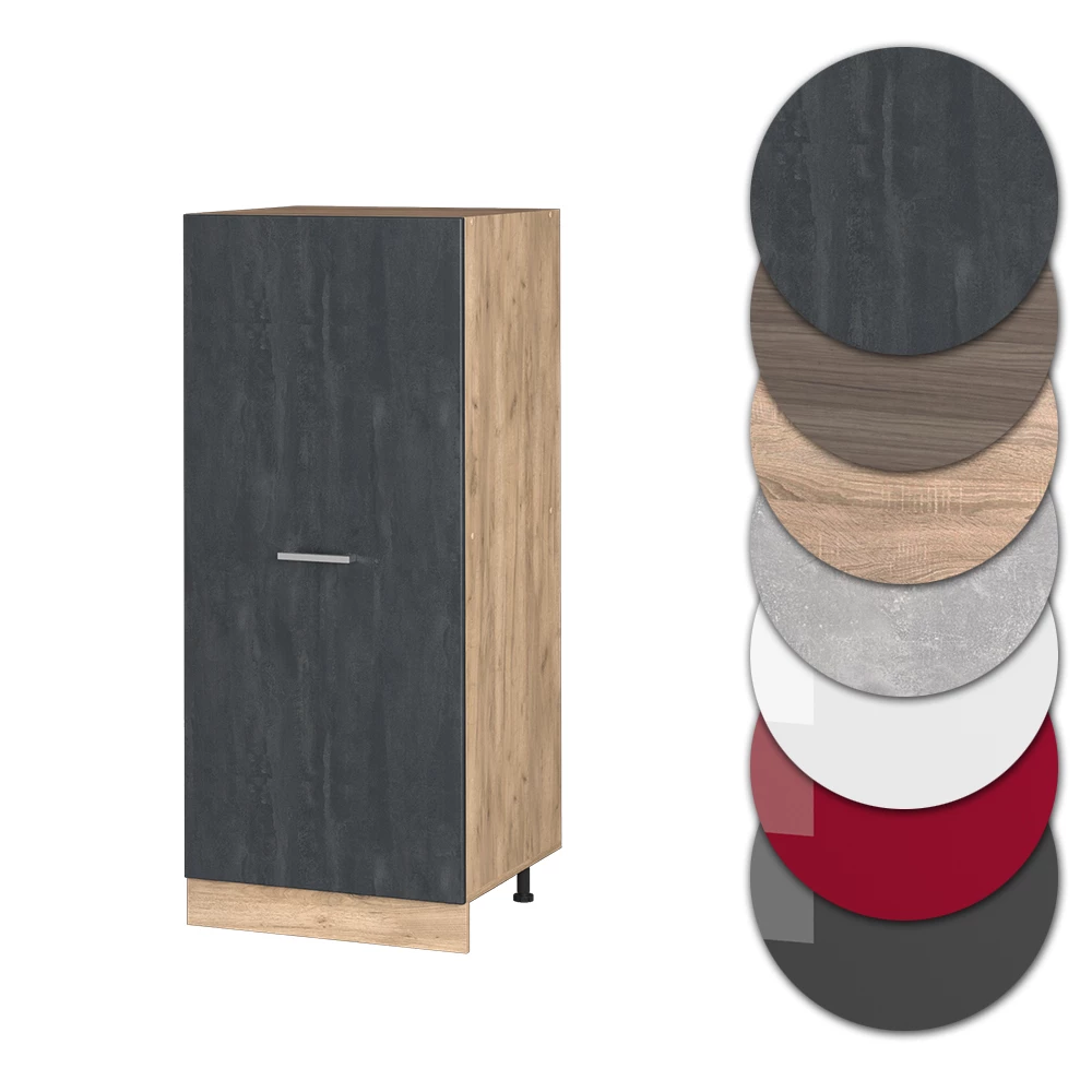Nahaufnahme von Vorratsschrank in Schwarz Beton, zeigt Design- und Oberflächendetails
