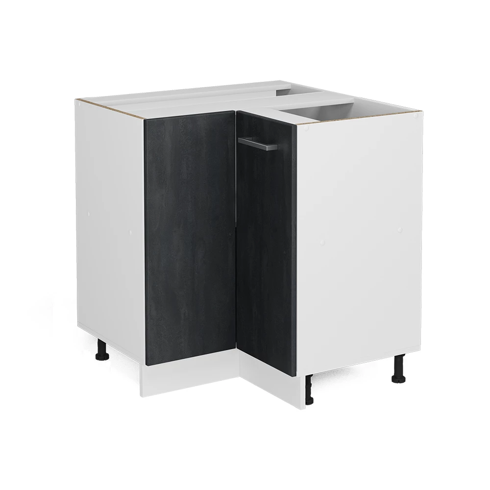 Eckunterschrank in Schwarz Beton auf weißem Hintergrund