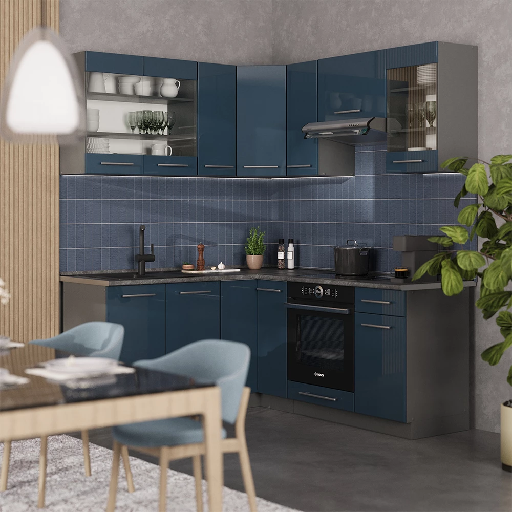 Vicco Cucina angolare completa Blu scuro lucido/antracite 160 x 190 cm , PL Marmo, Fame-Line